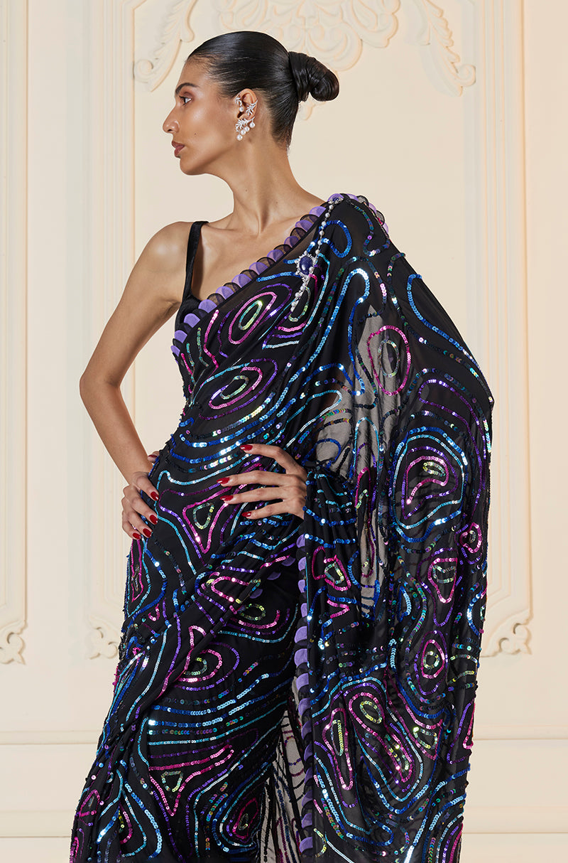 Black Multi-Color Sequin Saree Set