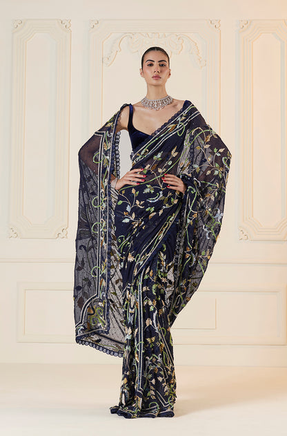 Navy Blue Multi Flower Sequin Saree Set
