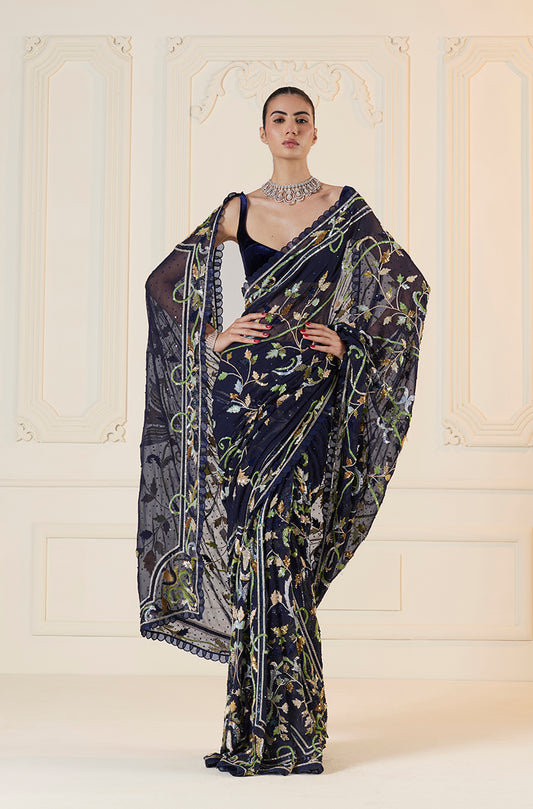 Navy Blue Multi Flower Sequin Saree Set