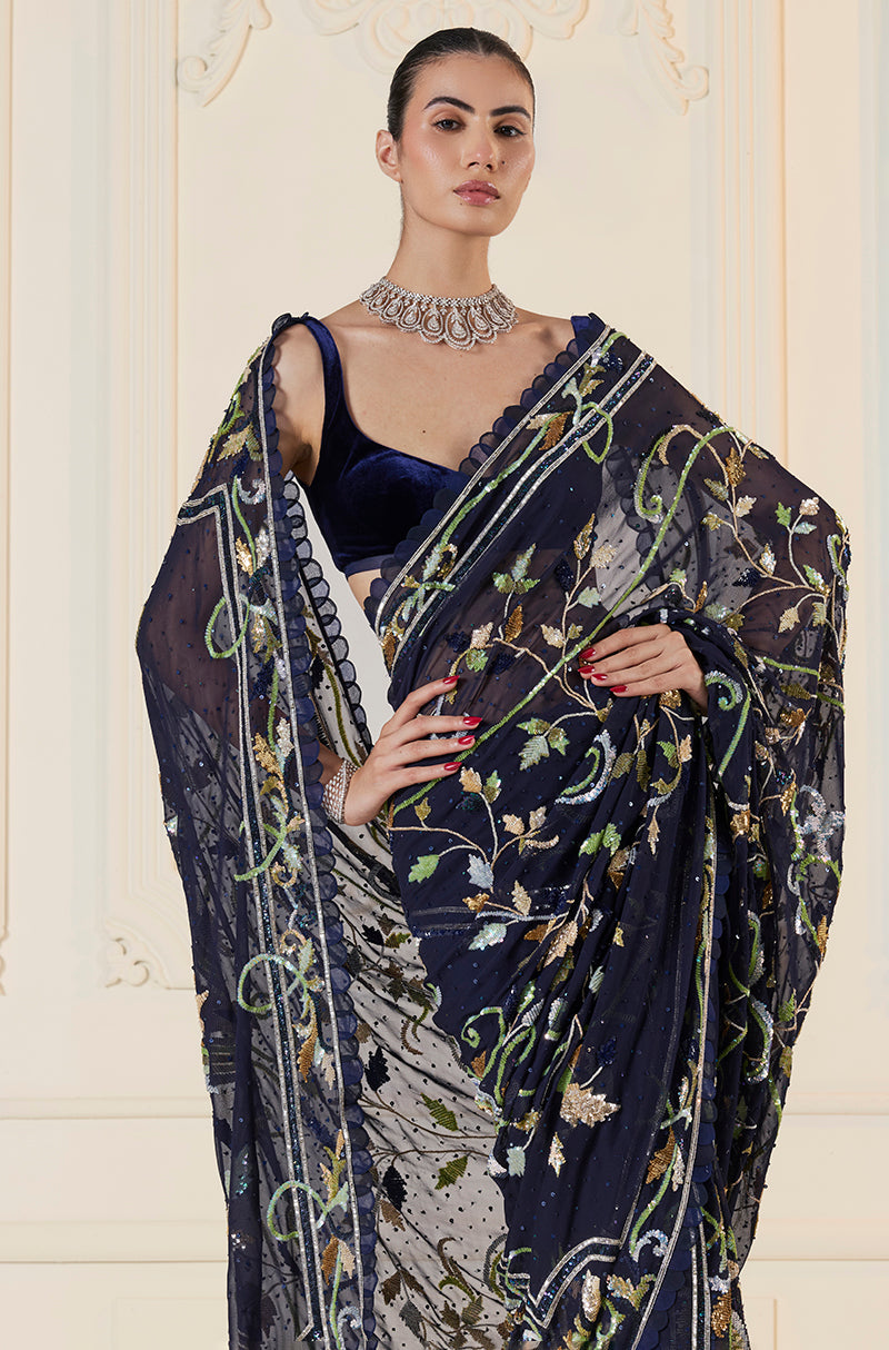 Navy Blue Multi Flower Sequin Saree Set