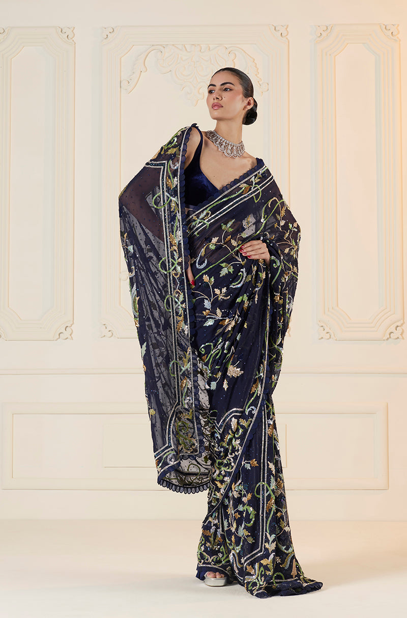 Navy Blue Multi Flower Sequin Saree Set