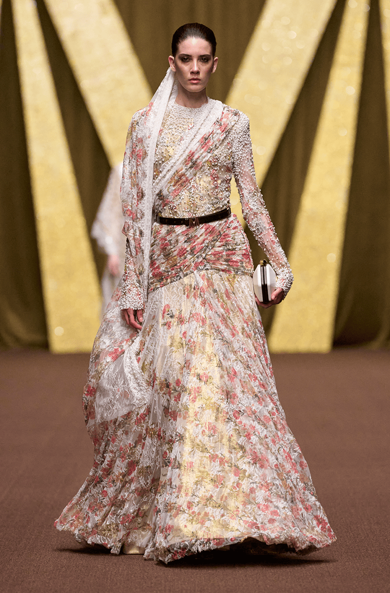 Ivory Floral Printed Lace Saree Gown