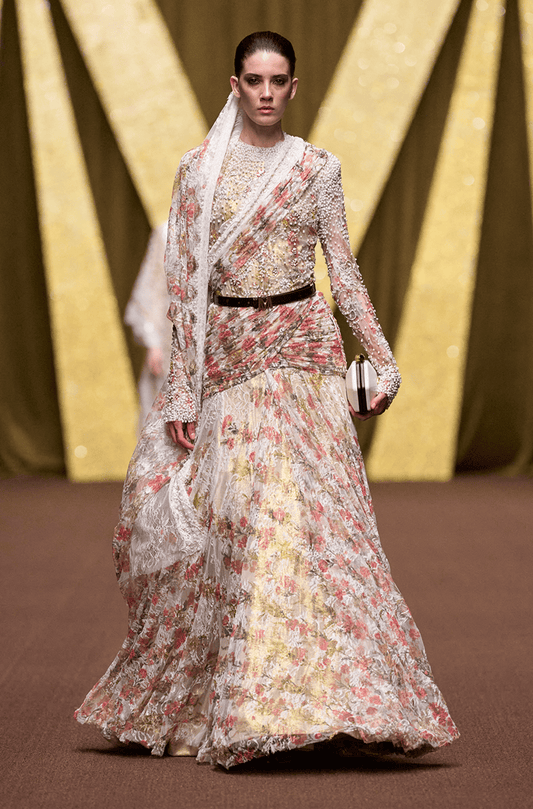 Ivory Floral Printed Lace Saree Gown