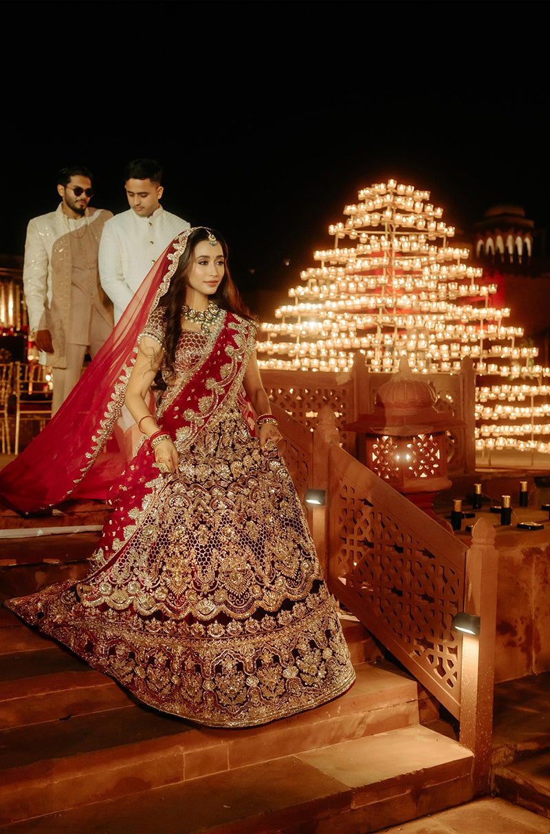 Bride: Nishi Agarwalla in our Scarlet Red Embroidered Lehenga Set