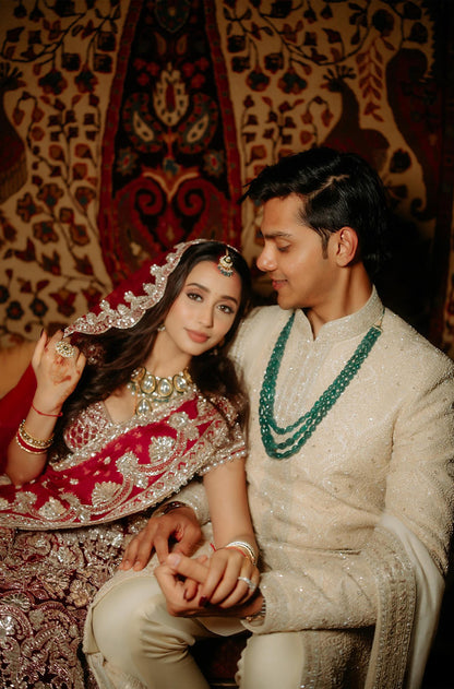 Bride: Nishi Agarwalla in our Scarlet Red Embroidered Lehenga Set