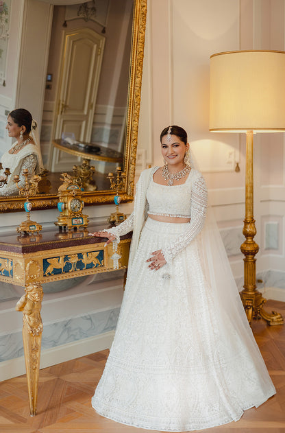 Bride: Saloni Gupta in our Ivory Embroidered Lehenga Set