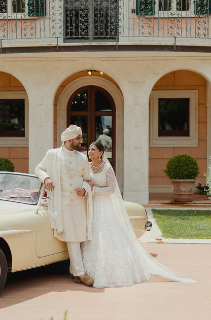 Bride: Saloni Gupta in our Ivory Embroidered Lehenga Set