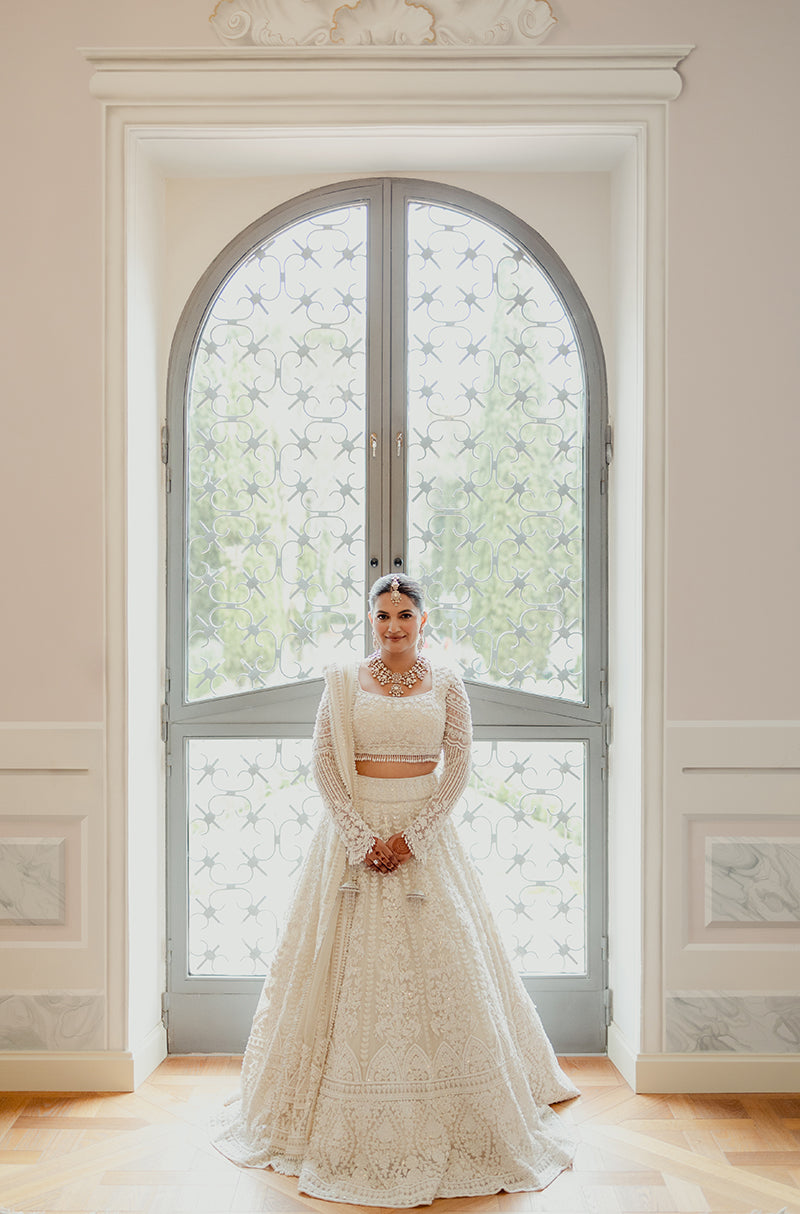 Bride: Saloni Gupta in our Ivory Embroidered Lehenga Set
