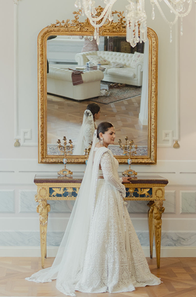 Bride: Saloni Gupta in our Ivory Embroidered Lehenga Set