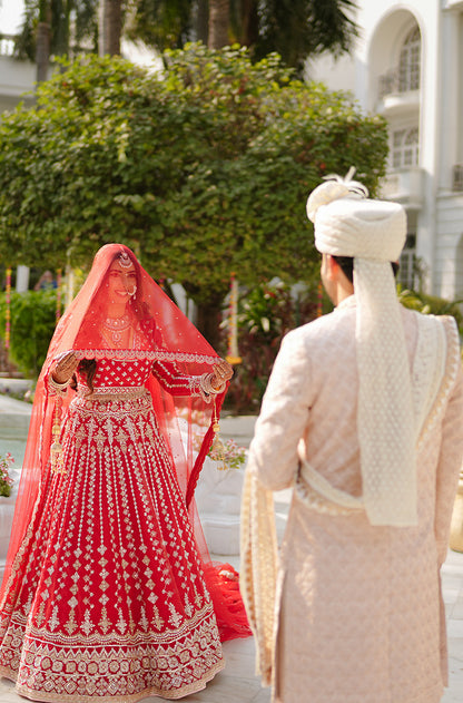 Bride: Urvashi Pandey in our Scarlet Red Embroidered Lehenga Set