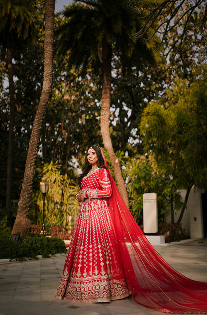 Bride: Urvashi Pandey in our Scarlet Red Embroidered Lehenga Set