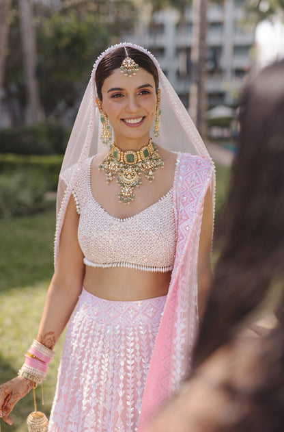 Bride: Misha Tangri in our Pink & Ivory Embroidered Lehenga Set