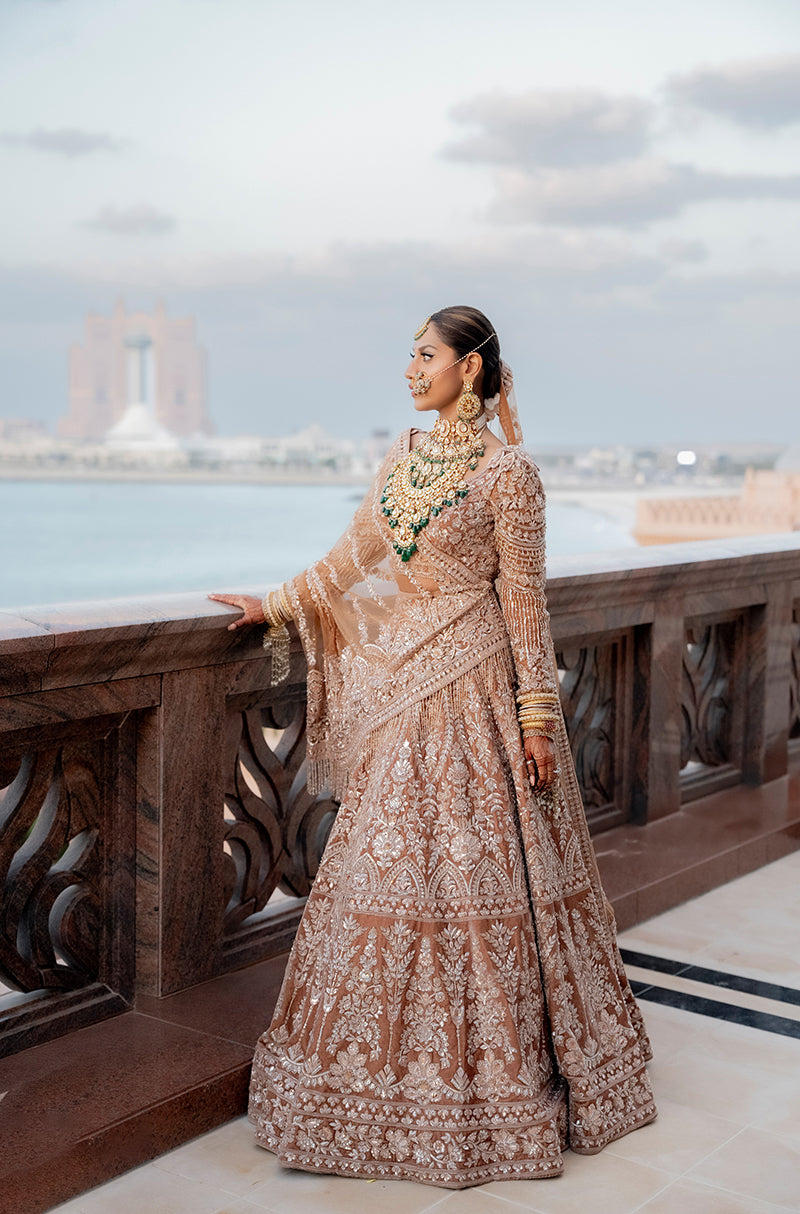 Bride: Muscaan Goenka in our Dusty Rose-Peach Embroidered Lehenga Set