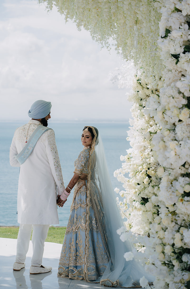 Bride: Nimrit Gahoonia in our Sky Blue Embroidered Lehenga Set