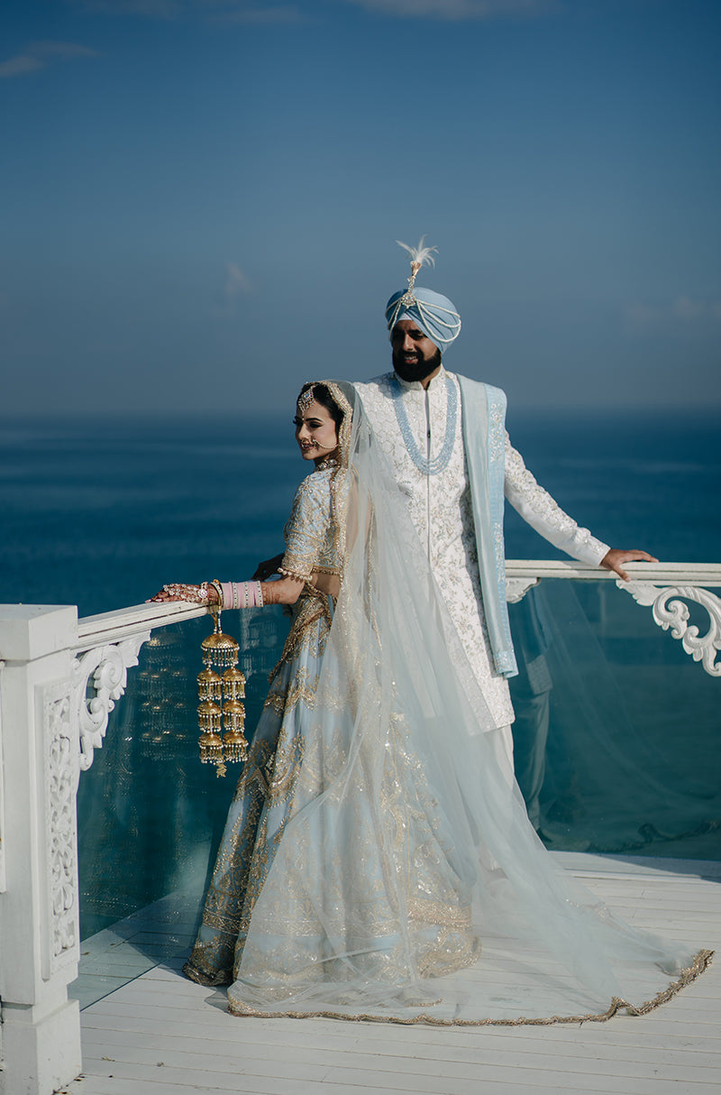 Bride: Nimrit Gahoonia in our Sky Blue Embroidered Lehenga Set