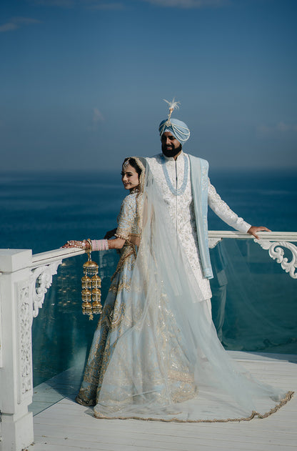 Bride: Nimrit Gahoonia in our Sky Blue Embroidered Lehenga Set