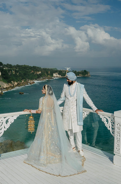 Bride: Nimrit Gahoonia in our Sky Blue Embroidered Lehenga Set