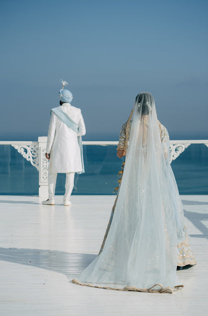 Bride: Nimrit Gahoonia in our Sky Blue Embroidered Lehenga Set