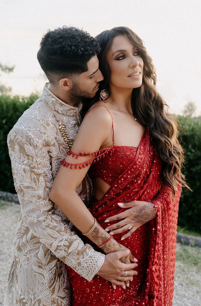 Groom: Mena Massoud in our Ivory & Beige Embroidered  Sherwani Set