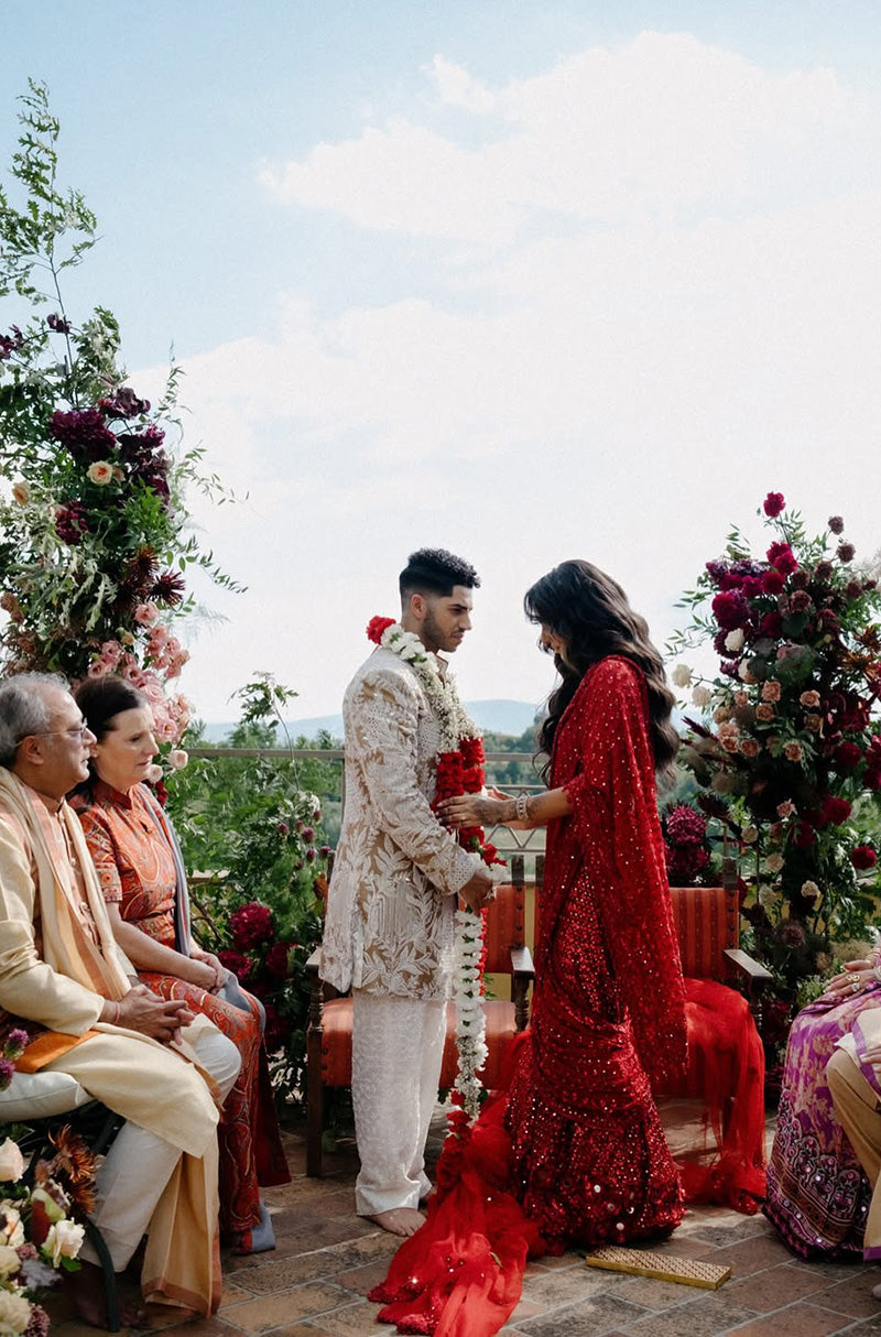 Groom: Mena Massoud in our Ivory & Beige Embroidered  Sherwani Set