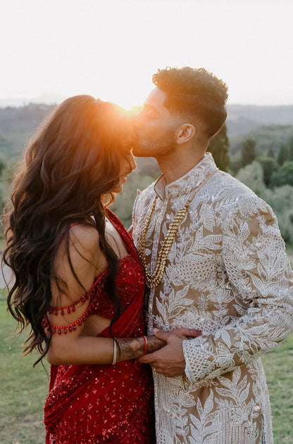 Groom: Mena Massoud in our Ivory & Beige Embroidered  Sherwani Set