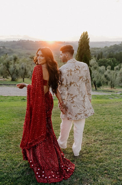 Groom: Mena Massoud in our Ivory & Beige Embroidered  Sherwani Set