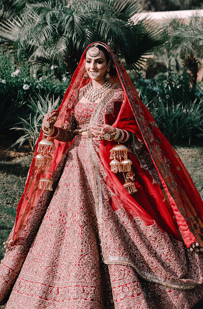 Bride: Sherry Mundi our Scarlet Red Embroidered Lehenga Set