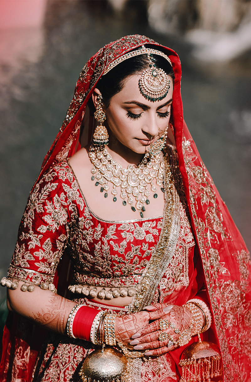 Bride: Sherry Mundi our Scarlet Red Embroidered Lehenga Set