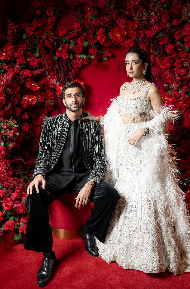 Bride: Ahana Raheja & Groom: Yash Patel in our Ivory & Ebony Ensemble