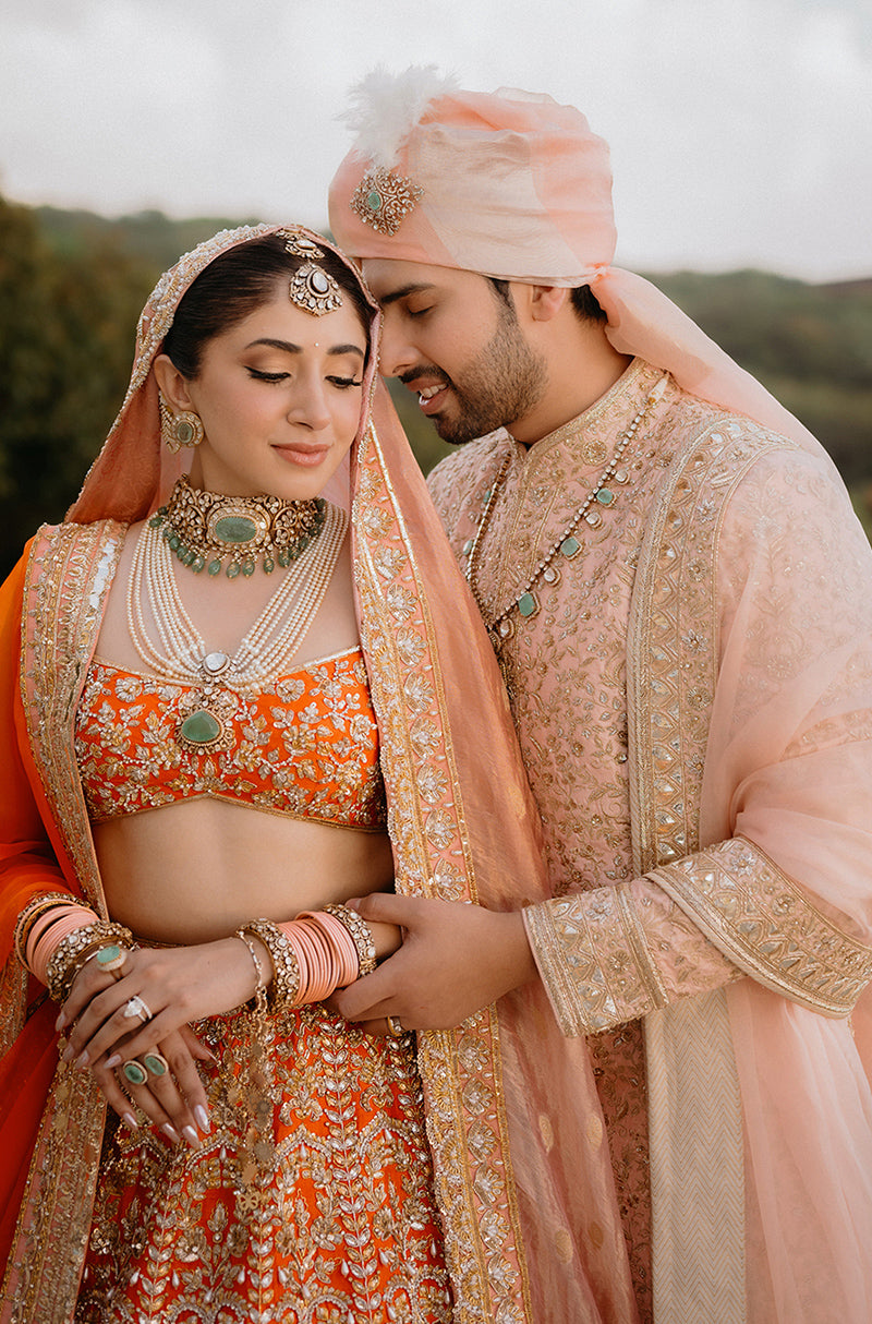 Bride: Aashna Shroff in our Evara Blush & Orange Raw Silk Lehenga Set