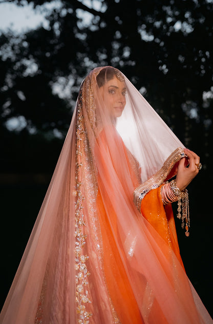 Bride: Aashna Shroff in our Evara Blush & Orange Raw Silk Lehenga Set