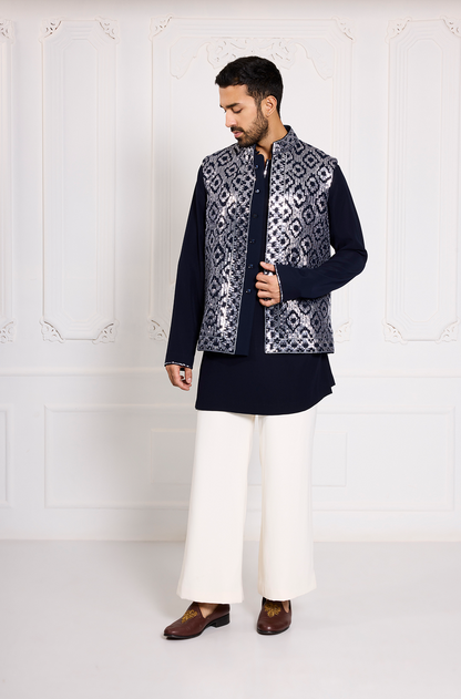Navy Blue Gunmental Taban Embroidered Bundi Set