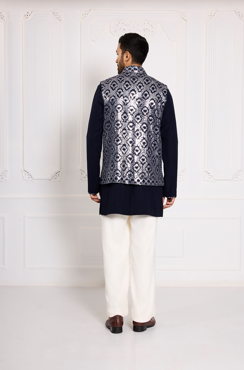 Navy Blue Gunmental Taban Embroidered Bundi Set