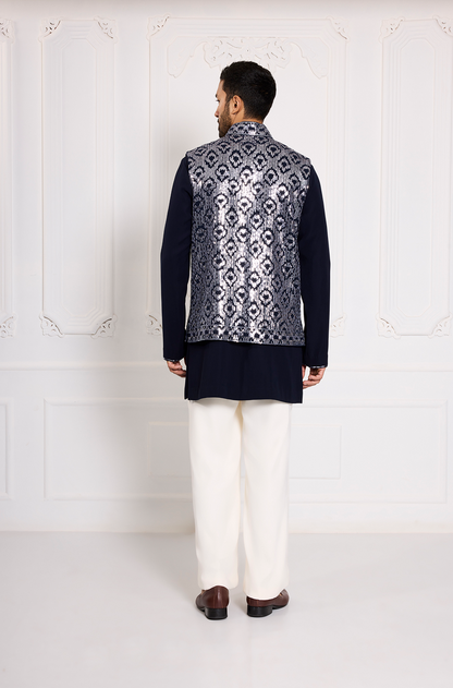 Navy Blue Gunmental Taban Embroidered Bundi Set