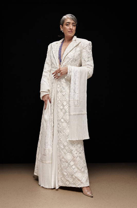 Ivory Mijwan Embroidered Trenchcoat Skirt Set