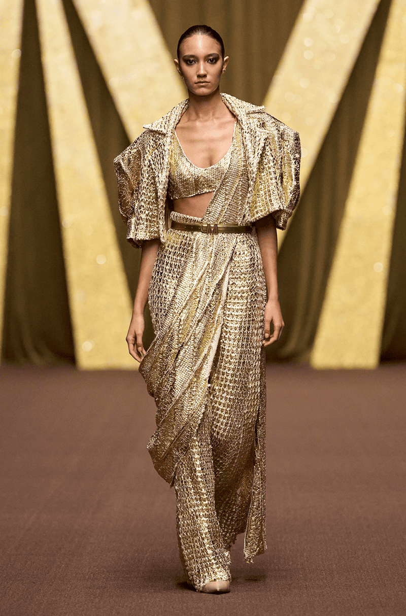 Gold Knitted Shimmer Saree Set