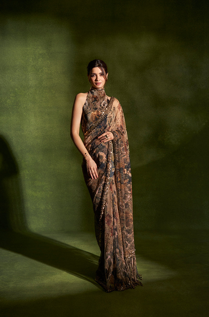 Diana Penty in our Green & Black Floral Printed Pre-Pleated Saree Set