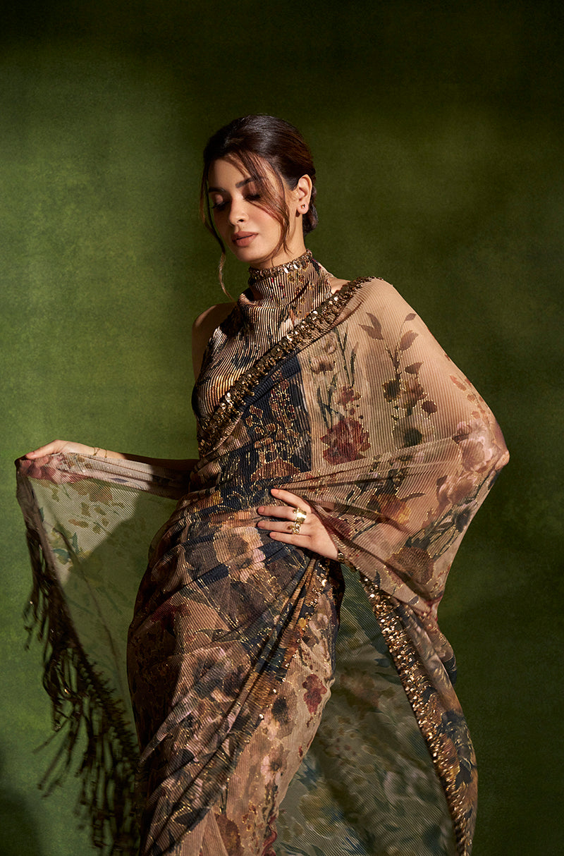 Diana Penty in our Green & Black Floral Printed Pre-Pleated Saree Set
