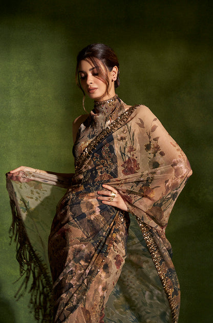 Diana Penty in our Green & Black Floral Printed Pre-Pleated Saree Set