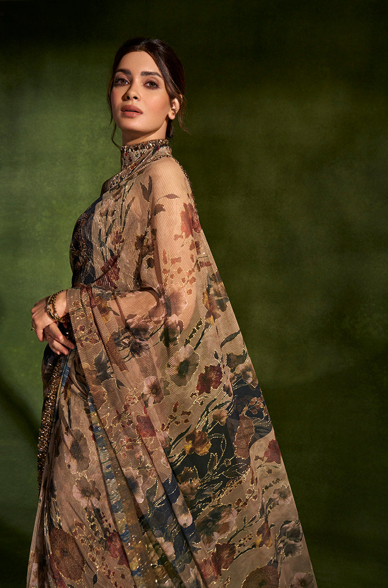 Diana Penty in our Green & Black Floral Printed Pre-Pleated Saree Set