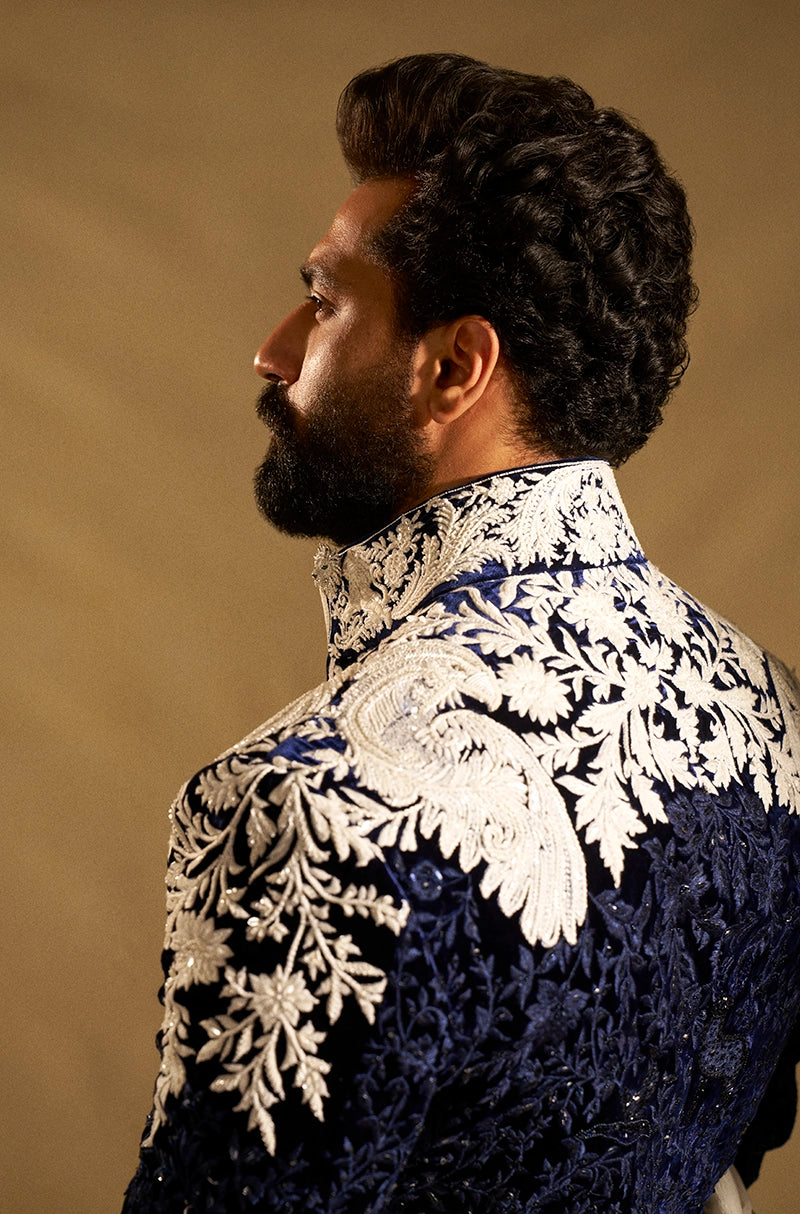 Vicky Kaushal in our Midnight Blue Velvet Ivory Embroidered Sherwani Set