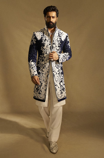 Vicky Kaushal in our Midnight Blue Velvet Ivory Embroidered Sherwani Set