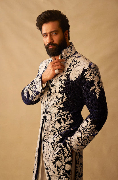 Vicky Kaushal in our Midnight Blue Velvet Ivory Embroidered Sherwani Set