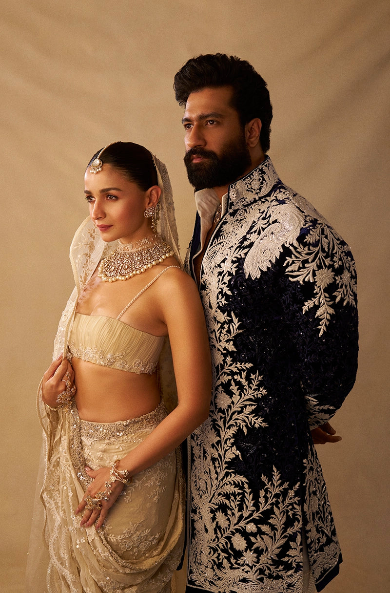 Vicky Kaushal in our Midnight Blue Velvet Ivory Embroidered Sherwani Set