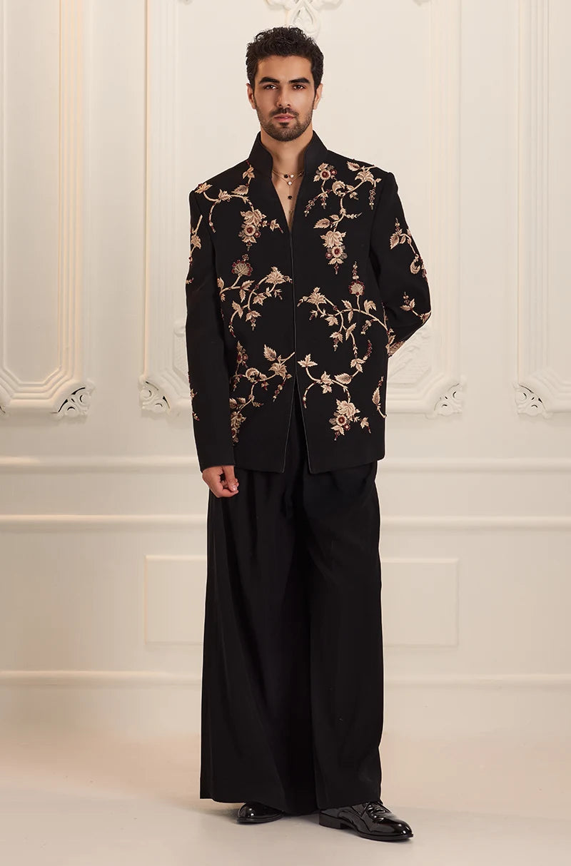 Black Floral Vine Embroidered Bandhgala Set