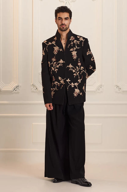 Black Floral Vine Embroidered Bandhgala Set