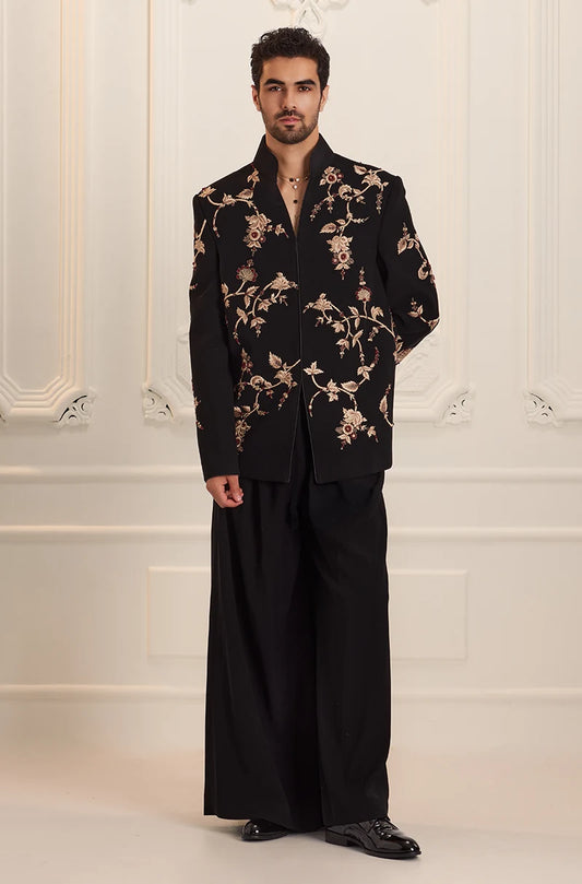 Black Floral Vine Embroidered Bandhgala Set