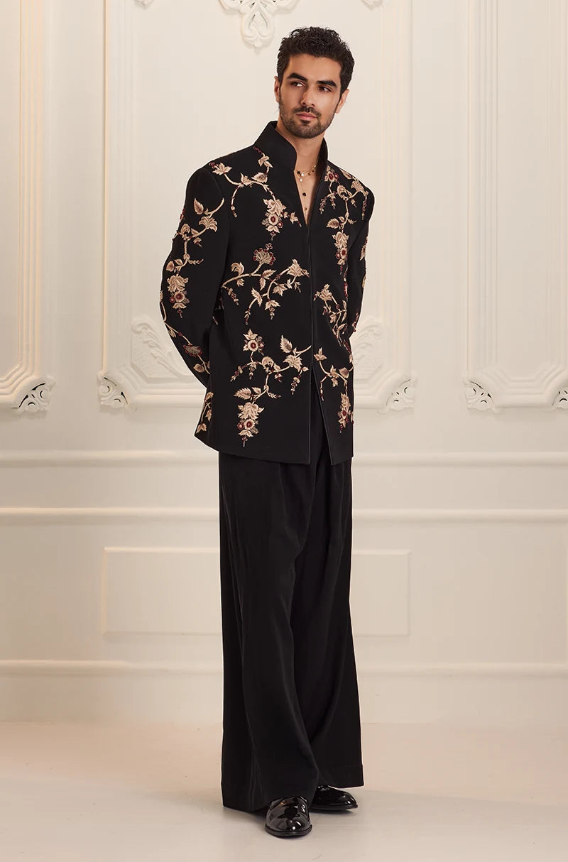 Black Floral Vine Embroidered Bandhgala Set