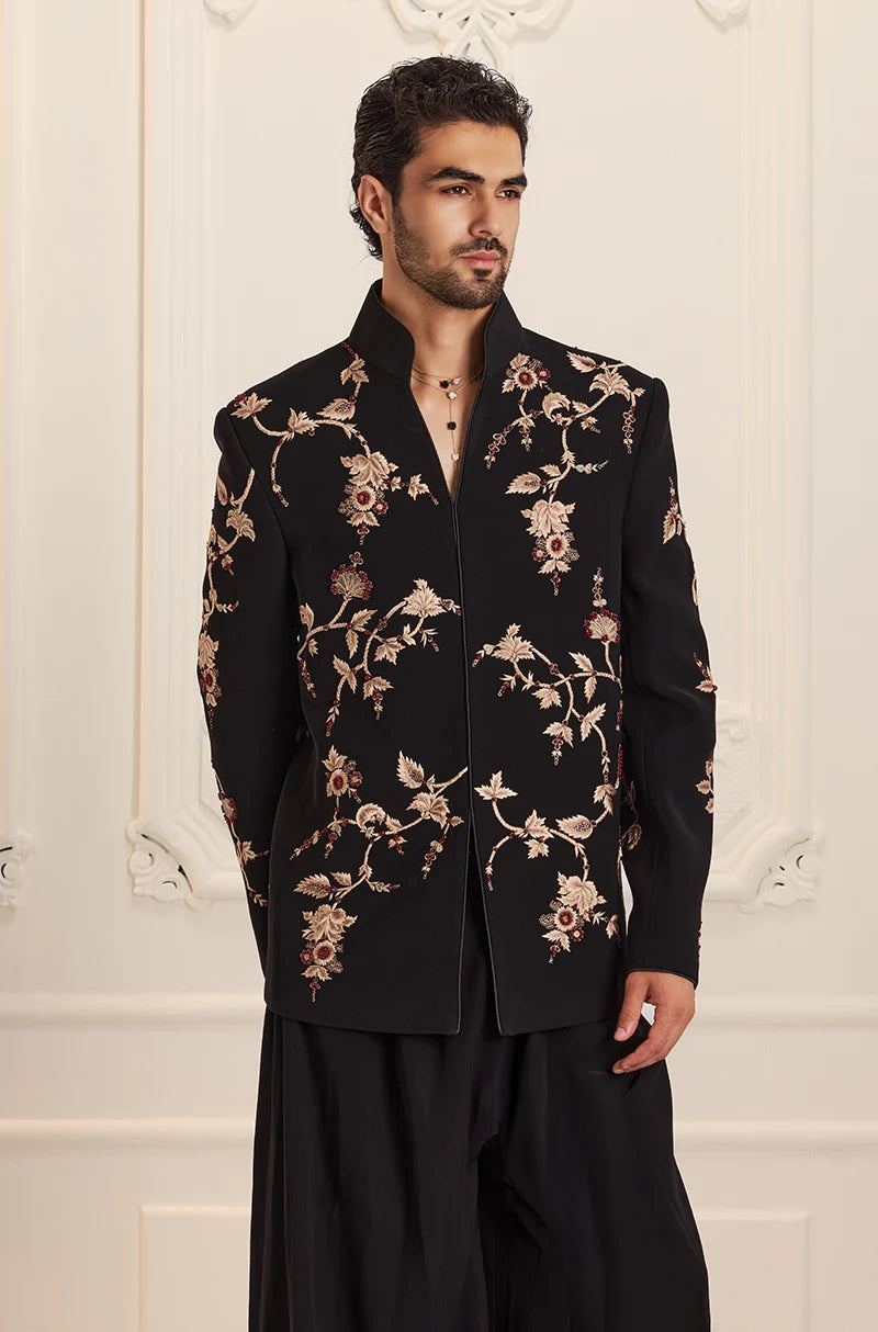 Black Floral Vine Embroidered Bandhgala Set