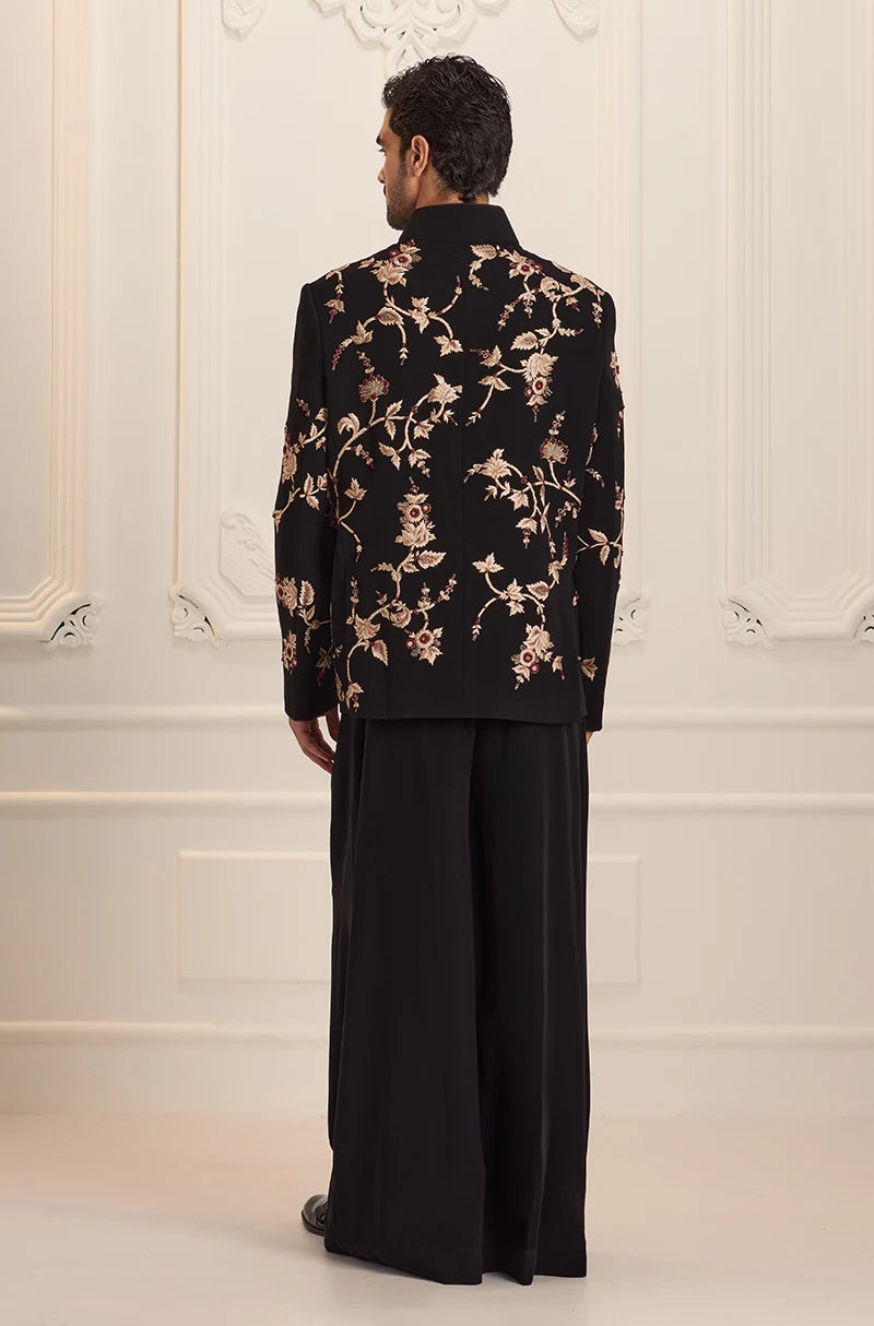 Black Floral Vine Embroidered Bandhgala Set